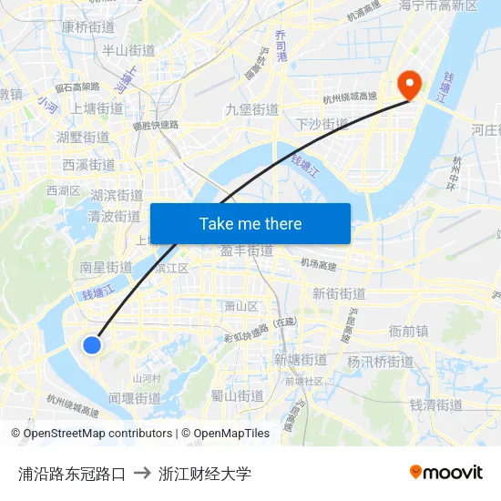浦沿路东冠路口 to 浙江财经大学 map