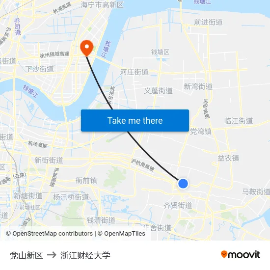 党山新区 to 浙江财经大学 map