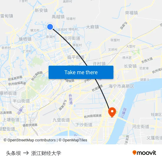 头条坝 to 浙江财经大学 map
