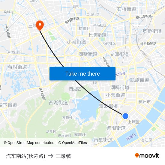 汽车南站(秋涛路) to 三墩镇 map