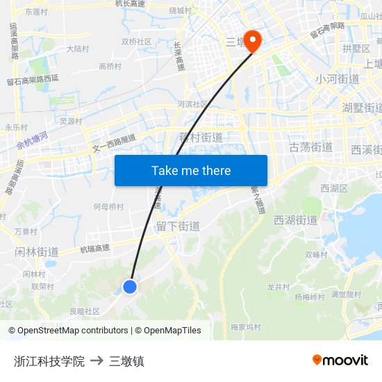 浙江科技学院 to 三墩镇 map
