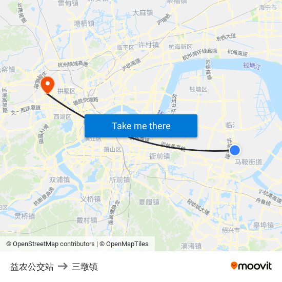 益农公交站 to 三墩镇 map