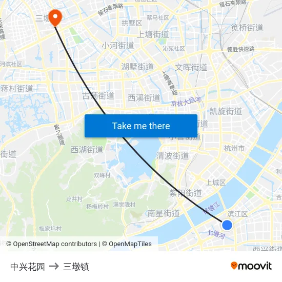 中兴花园 to 三墩镇 map