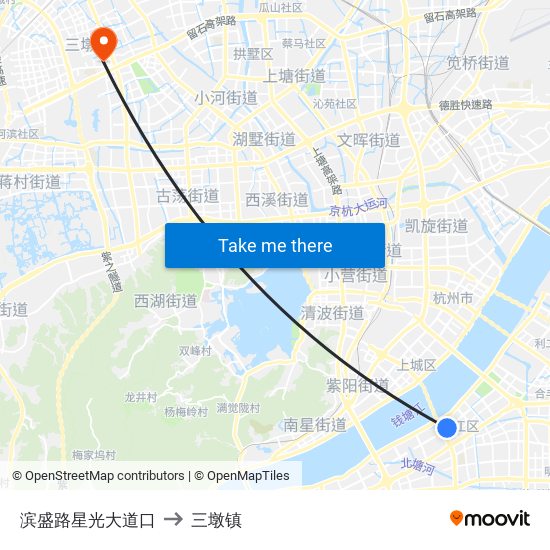 滨盛路星光大道口 to 三墩镇 map