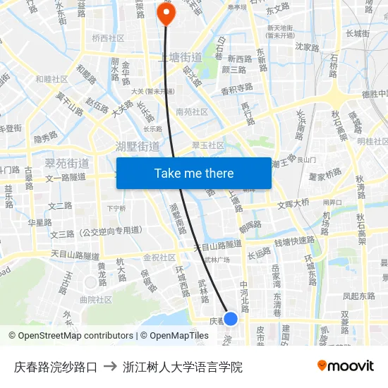 庆春路浣纱路口 to 浙江树人大学语言学院 map