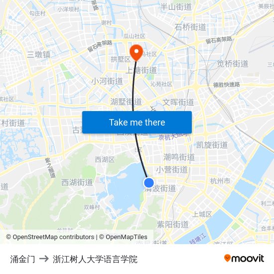 涌金门 to 浙江树人大学语言学院 map