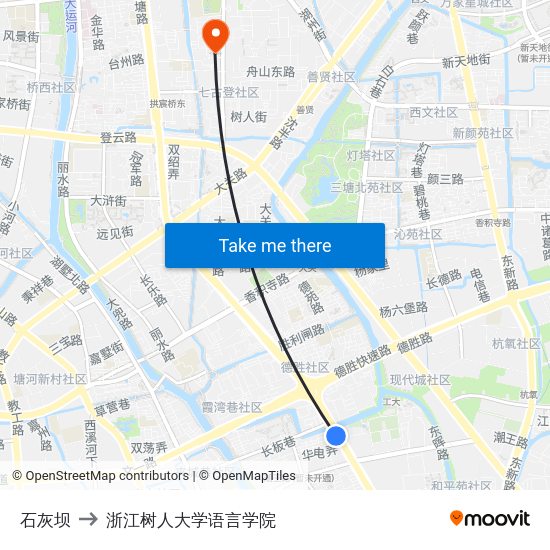 石灰坝 to 浙江树人大学语言学院 map