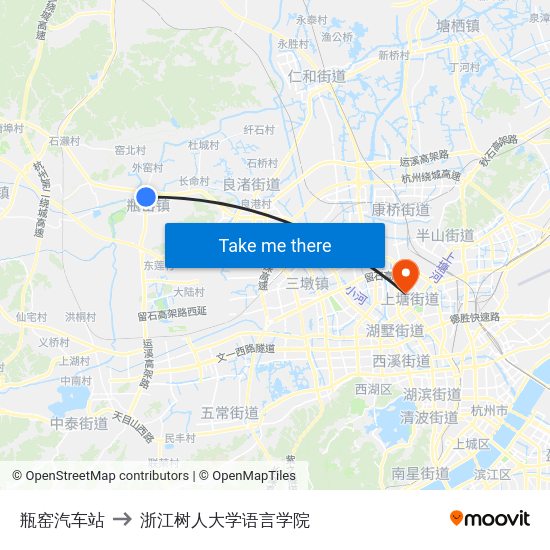 瓶窑汽车站 to 浙江树人大学语言学院 map