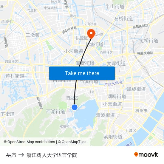 岳庙 to 浙江树人大学语言学院 map