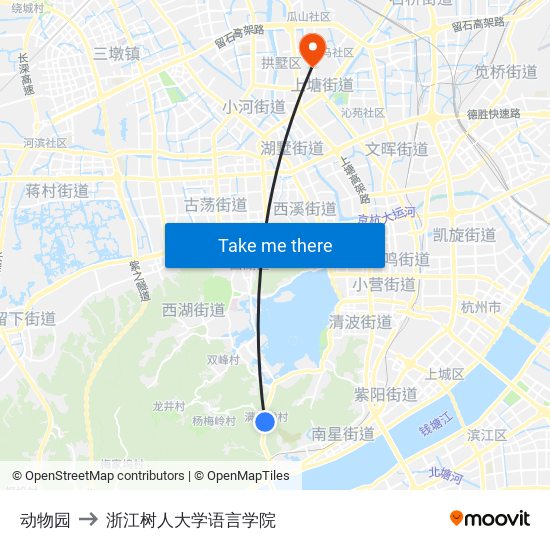 动物园 to 浙江树人大学语言学院 map