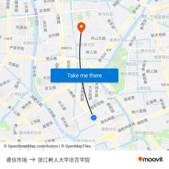 通信市场 to 浙江树人大学语言学院 map