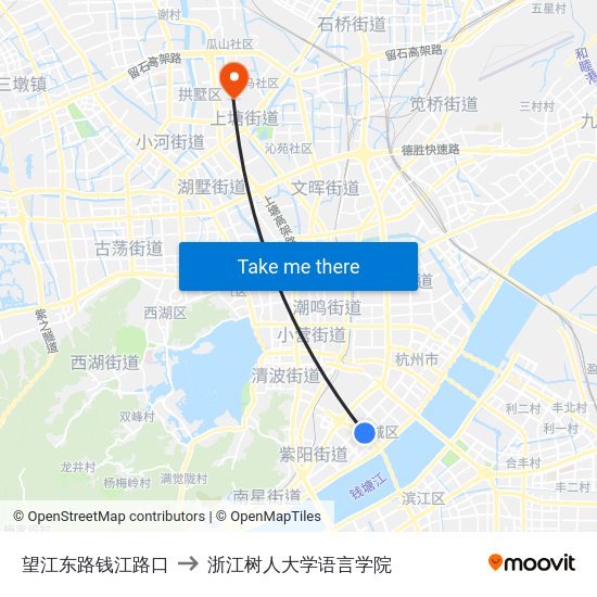 望江东路钱江路口 to 浙江树人大学语言学院 map