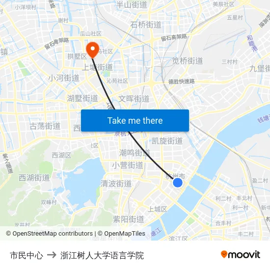 市民中心 to 浙江树人大学语言学院 map