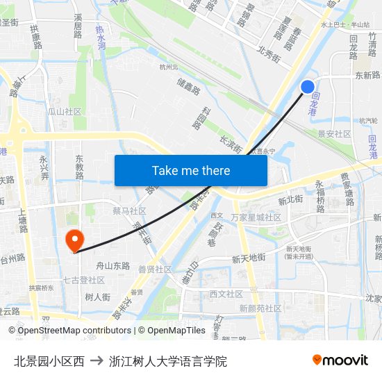 北景园小区西 to 浙江树人大学语言学院 map