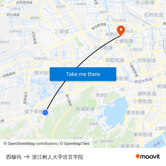 西穆坞 to 浙江树人大学语言学院 map