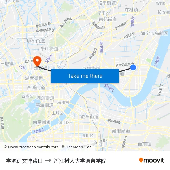 学源街文津路口 to 浙江树人大学语言学院 map