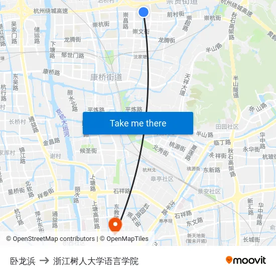 卧龙浜 to 浙江树人大学语言学院 map
