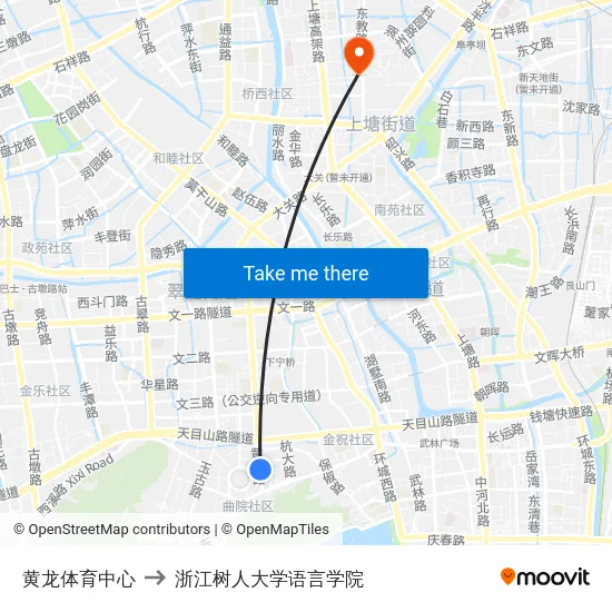 黄龙体育中心 to 浙江树人大学语言学院 map