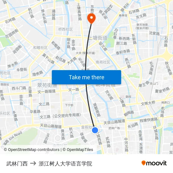 武林门西 to 浙江树人大学语言学院 map