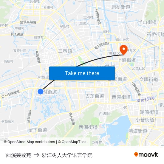 西溪蒹葭苑 to 浙江树人大学语言学院 map