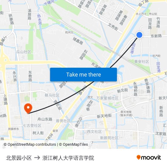 北景园小区 to 浙江树人大学语言学院 map