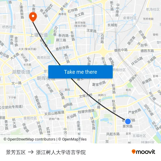 景芳五区 to 浙江树人大学语言学院 map