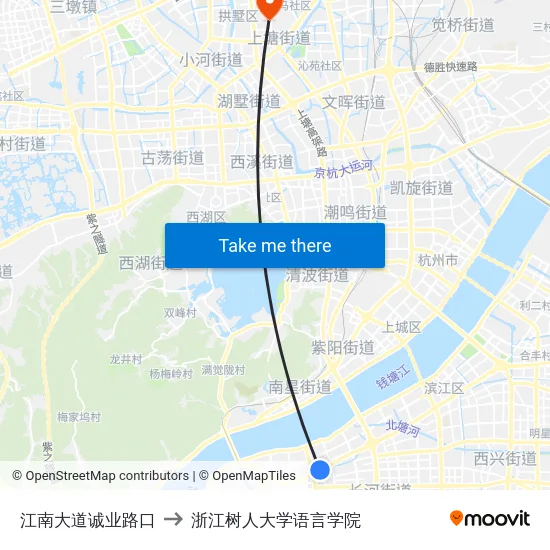江南大道诚业路口 to 浙江树人大学语言学院 map