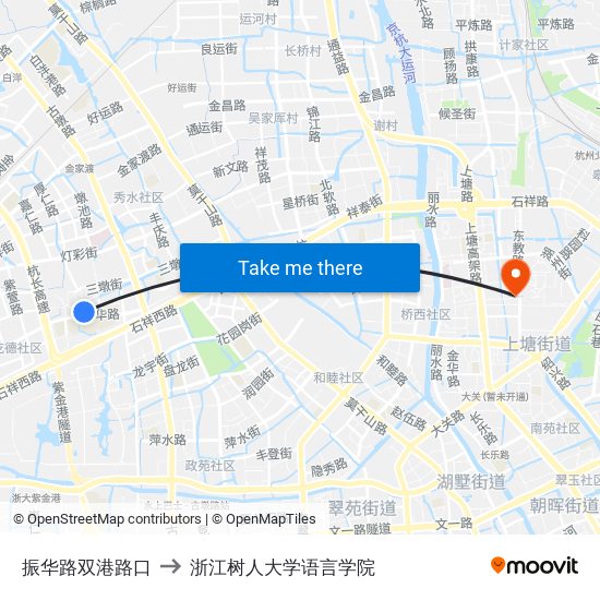 振华路双港路口 to 浙江树人大学语言学院 map