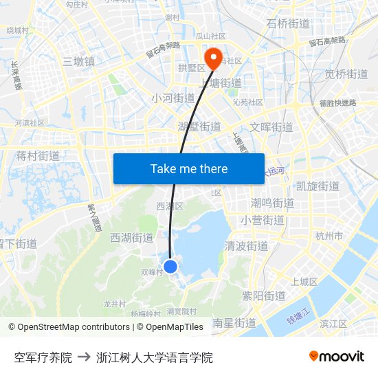 空军疗养院 to 浙江树人大学语言学院 map