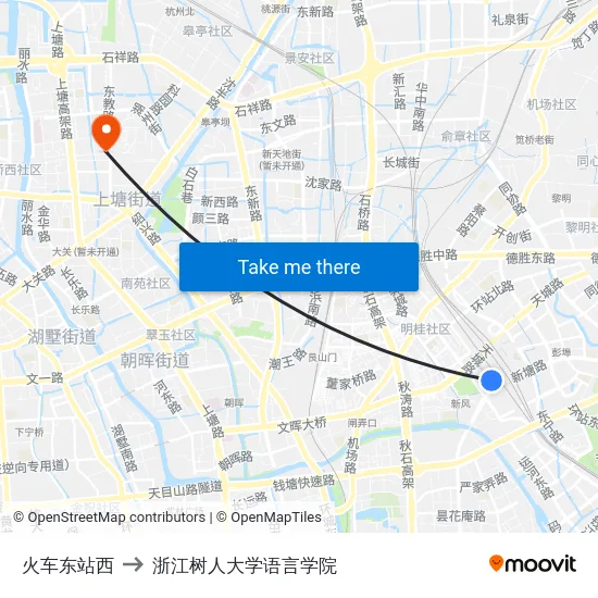 火车东站西 to 浙江树人大学语言学院 map