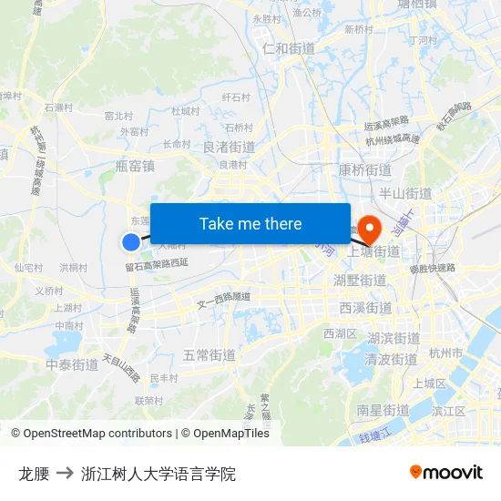 龙腰 to 浙江树人大学语言学院 map