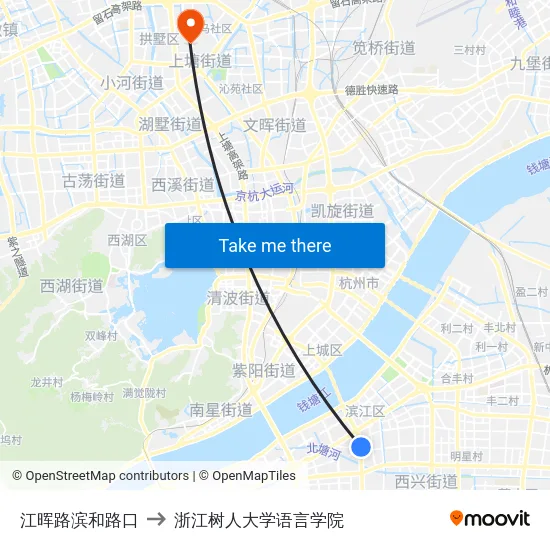 江晖路滨和路口 to 浙江树人大学语言学院 map