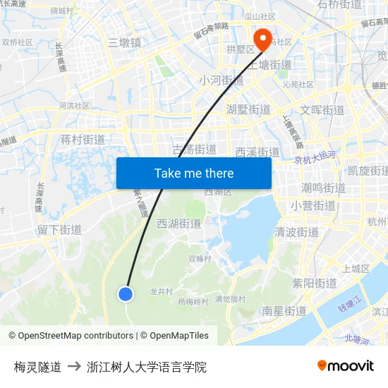 梅灵隧道 to 浙江树人大学语言学院 map