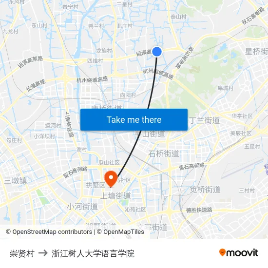 崇贤村 to 浙江树人大学语言学院 map