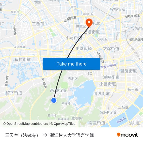 三天竺（法镜寺） to 浙江树人大学语言学院 map