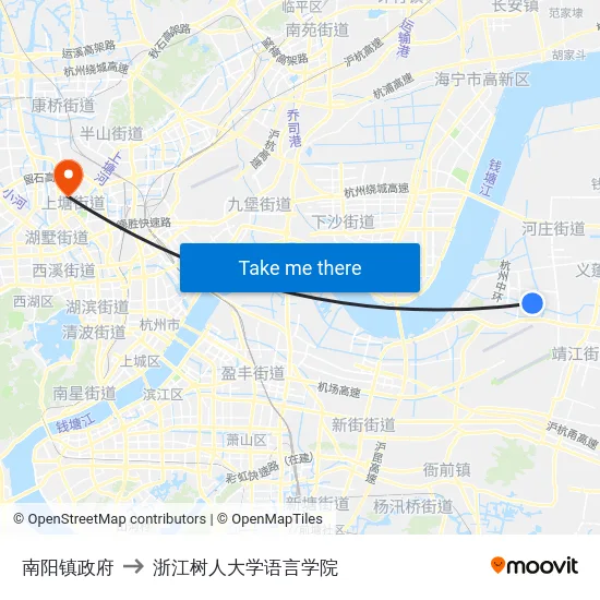 南阳镇政府 to 浙江树人大学语言学院 map