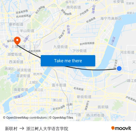 新联村 to 浙江树人大学语言学院 map