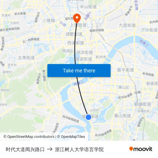 时代大道闻兴路口 to 浙江树人大学语言学院 map