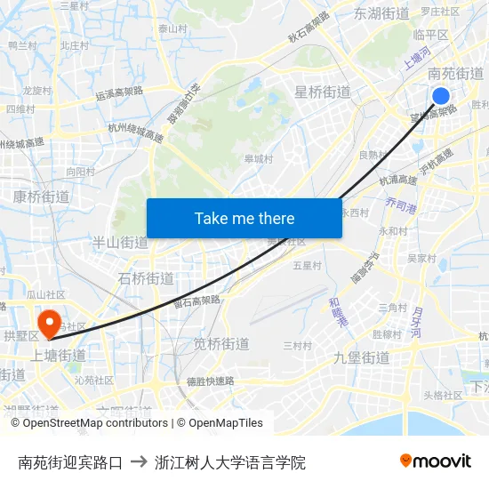 南苑街迎宾路口 to 浙江树人大学语言学院 map