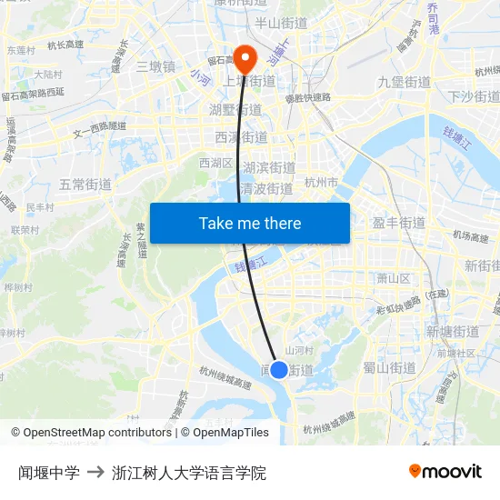 闻堰中学 to 浙江树人大学语言学院 map