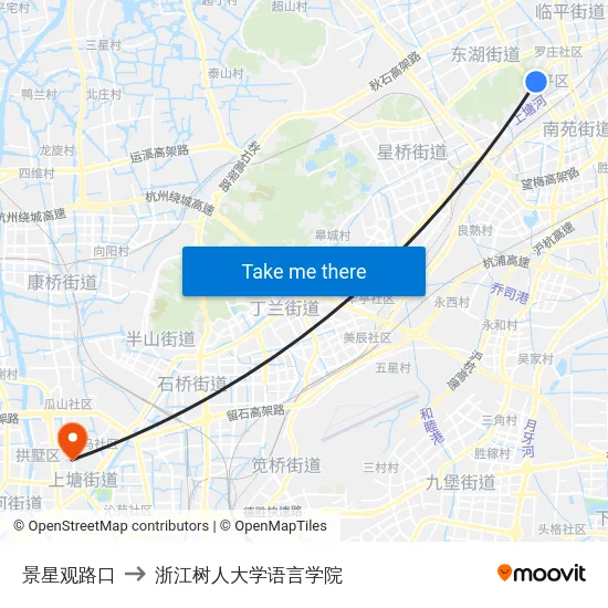 景星观路口 to 浙江树人大学语言学院 map
