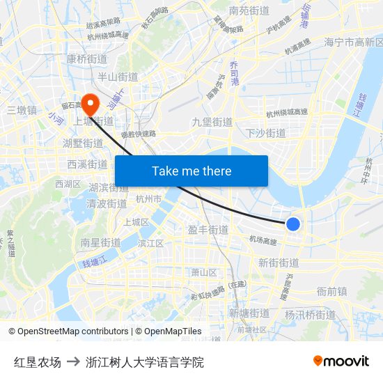 红垦农场 to 浙江树人大学语言学院 map