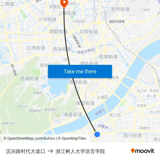 滨兴路时代大道口 to 浙江树人大学语言学院 map