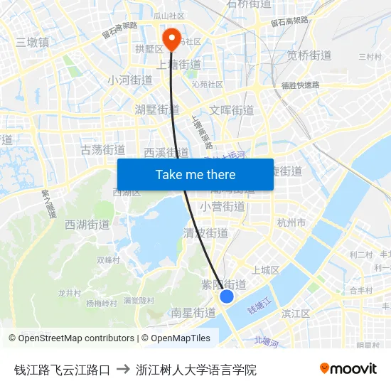 钱江路飞云江路口 to 浙江树人大学语言学院 map