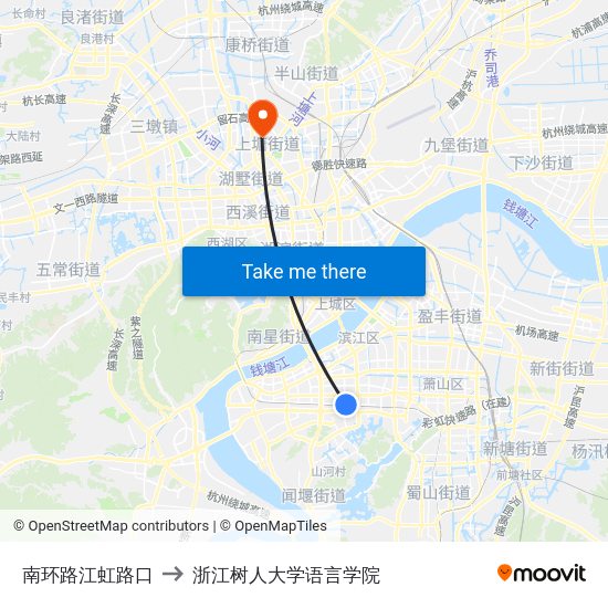 南环路江虹路口 to 浙江树人大学语言学院 map