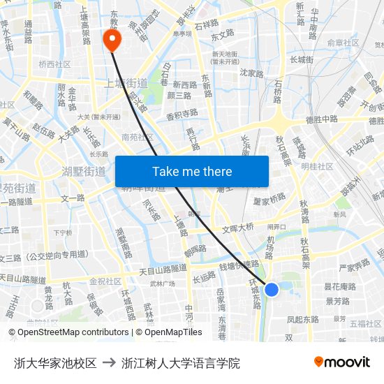 浙大华家池校区 to 浙江树人大学语言学院 map