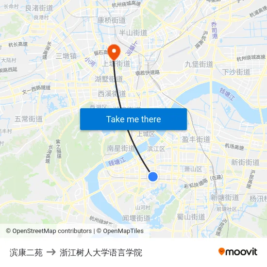 滨康二苑 to 浙江树人大学语言学院 map