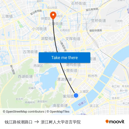 钱江路候潮路口 to 浙江树人大学语言学院 map