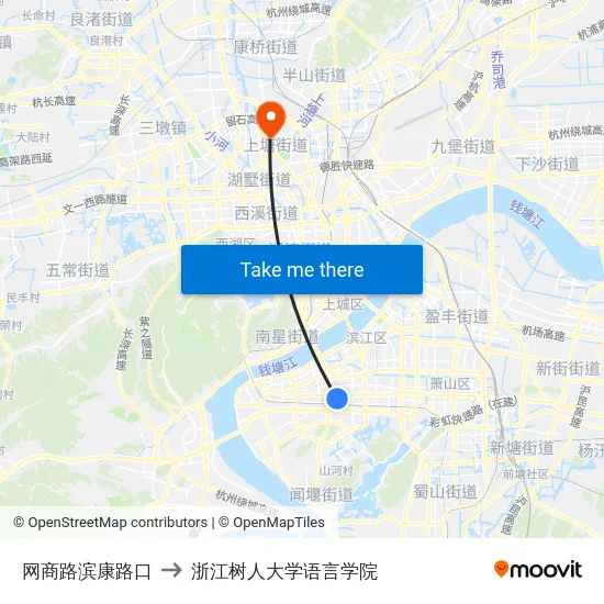 网商路滨康路口 to 浙江树人大学语言学院 map