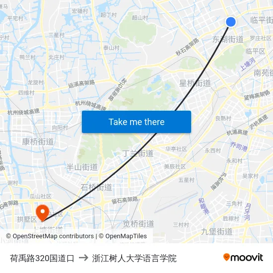 荷禹路320国道口 to 浙江树人大学语言学院 map